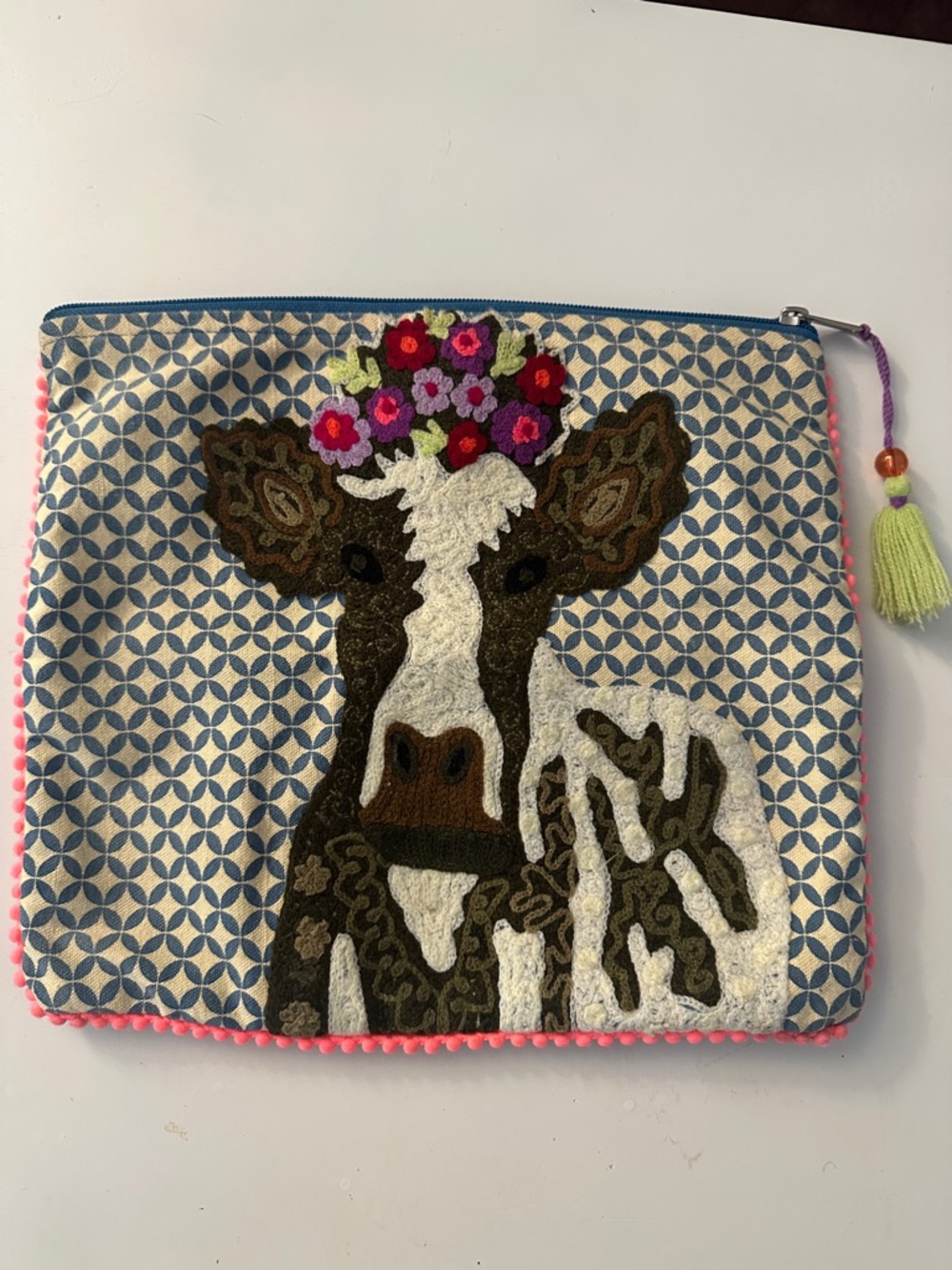 Embroidered Cow Zip Pouch with Floral Crown and Tassel